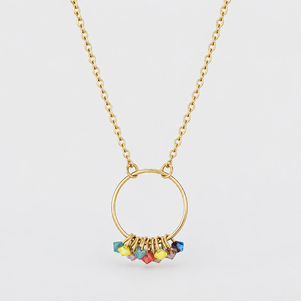 COLLAR DE ACERO CON COLGANTE DE ARO CON CRISTALES DE COLORES