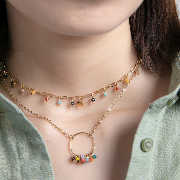 Collar De Acero IP Dorado, Con Cristales De Colores