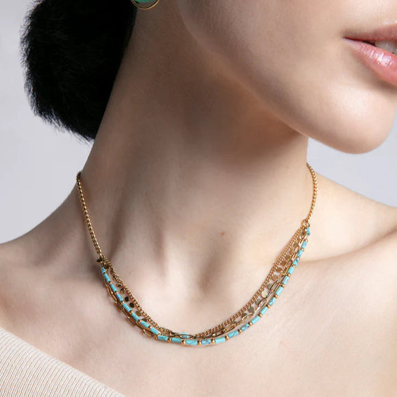 Collar De Acero IP Dorado, Cadena y Piedras Azules 14164C01014