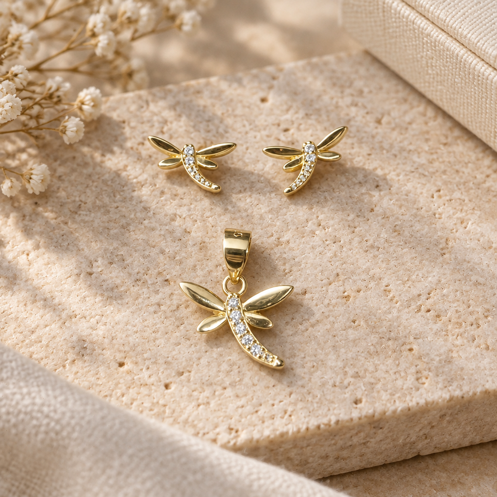 CONJUNTO LIBÉLULA BAÑO DE ORO