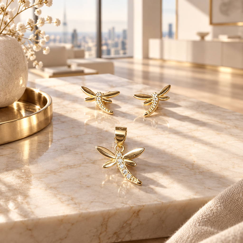 CONJUNTO LIBÉLULA BAÑO DE ORO